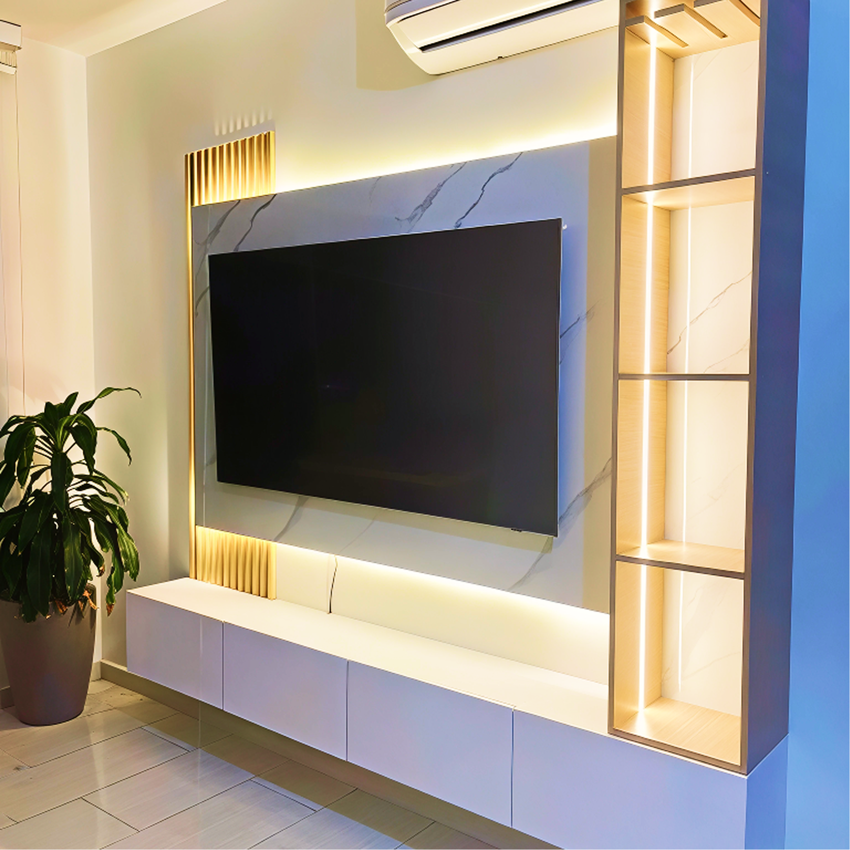 Centro de entretenimiento para sala con zona bar luxe glow