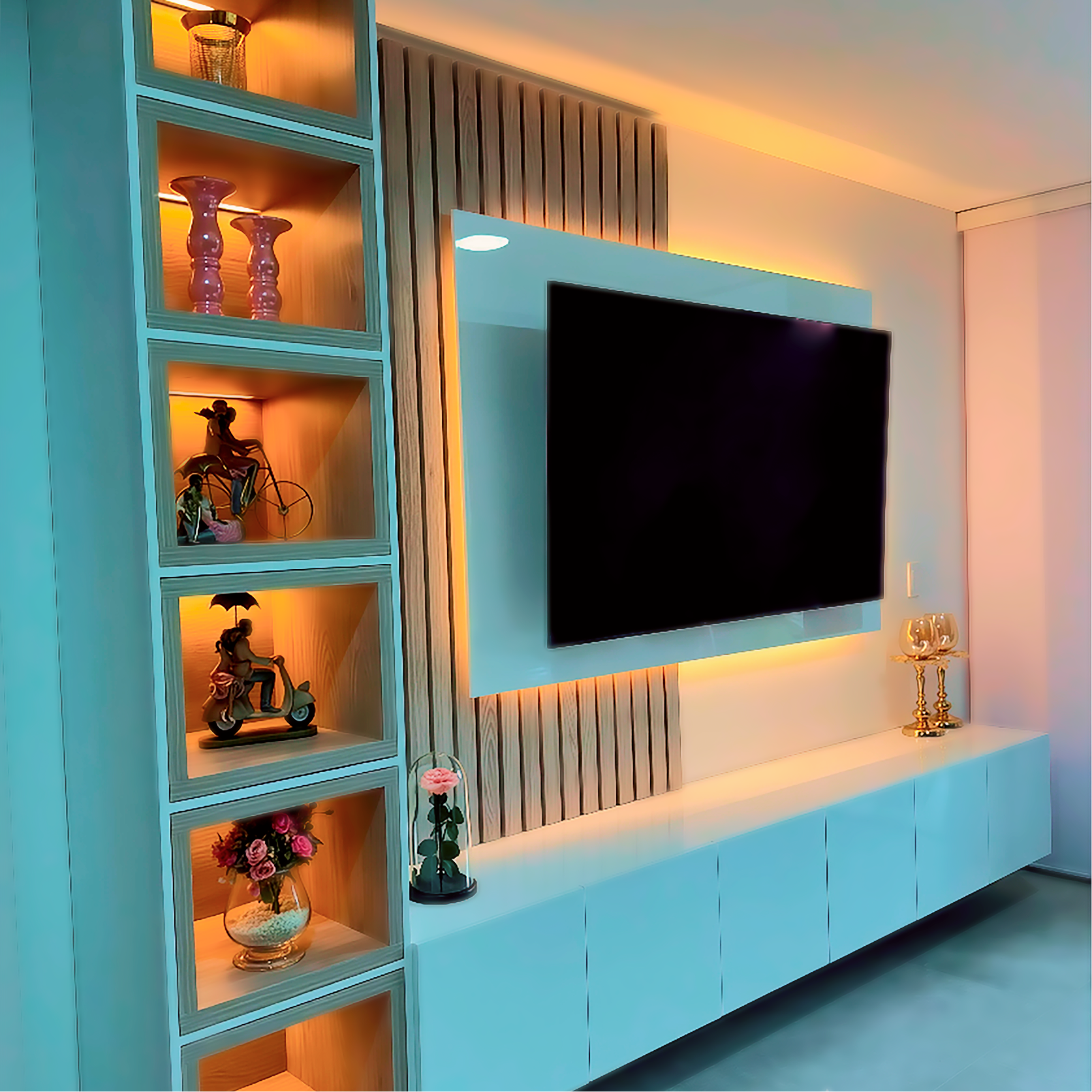 Centro de entretenimiento para sala con zona bar natural white